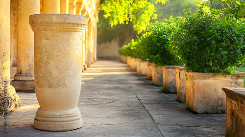 Serene sunlit colonnade with stone planters and lush greenery, creating a peaceful and tranquil atmosphere.