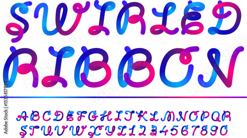 Letter round ribbon written font, color gradient cursive alphabet, 3d line identity typography and numbers. Latin vivid holographic vector text. Rainbow fold abc script, english fusion flexible brush