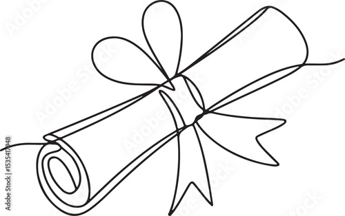 continuous line drawing of a rolled diploma with ribbon bow and tassel in black on white background
