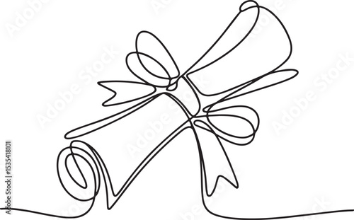 continuous line drawing of a rolled diploma with ribbon bow and tassel in black on white background