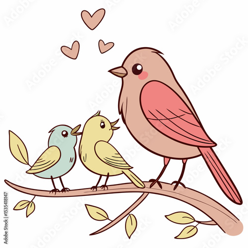 Cute cartoon bird family sitting on tree branch – vector illustration

