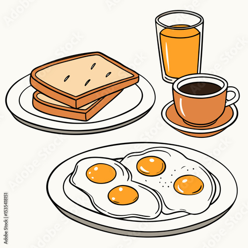 Vector illustration of delicious breakfast with eggs, toast and coffee

