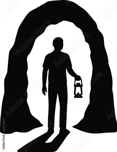 Silhouette miner holding lamp entering mine shaft vector illustration