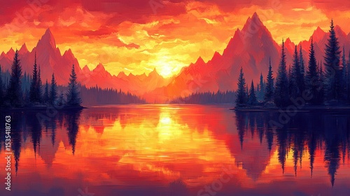 Fiery Sunset Over Mountain Lake Painting