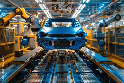 Robotic arms assemble a blue car on an advanced assembly line in a high-tech manufacturing facility during daytime operations