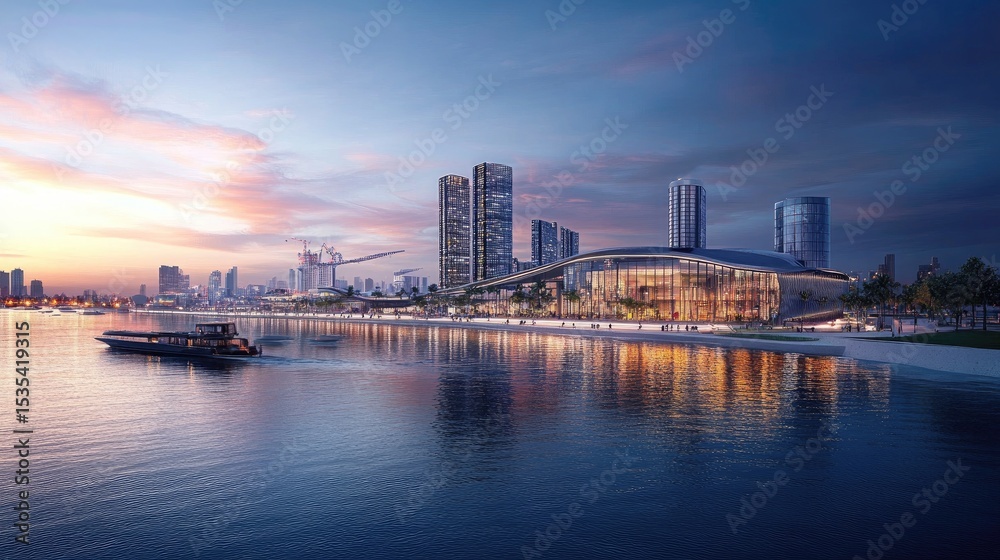 Fototapeta premium Urban waterfront skyline featuring modern architecture at sunset with serene water reflections and vibrant city lights