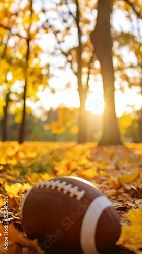 American football sits on a bed of autumn leaves in a sun dappled forest, creating a seasonal, athletic vibe.