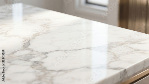 Closeup view of a polished marble surface with subtle grey veins