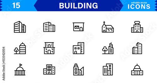 Building Icon Set Representing Construction, Architecture, Tools, Blueprints, and Urban Development in Simple, Download-Ready Vector Format
