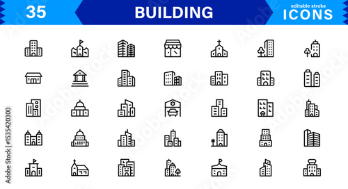 Building Icon Set Representing Construction, Architecture, Tools, Blueprints, and Urban Development in Simple, Download-Ready Vector Format