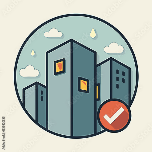 Cityscape buildings with check mark, representing urban development approval