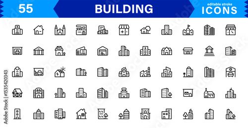 Building Icon Set Representing Construction, Architecture, Tools, Blueprints, and Urban Development in Simple, Download-Ready Vector Format