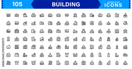 Building Icon Set Representing Construction, Architecture, Tools, Blueprints, and Urban Development in Simple, Download-Ready Vector Format
