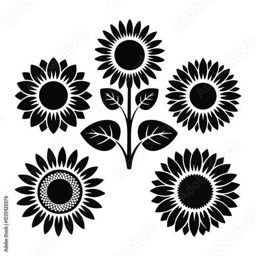 Black Silhouette Sunflower Vector Set.