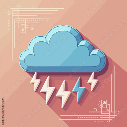 Weather cloud with lightning bolts on pink background, the concept of stormy conditions