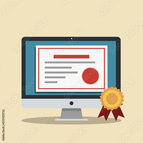 Computer displaying certificate of completion with award ribbon, for courses or professional development