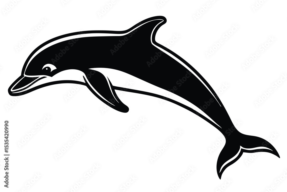 Fototapeta premium Black and white illustration of a leaping dolphin with a minimalist design and clean lines.