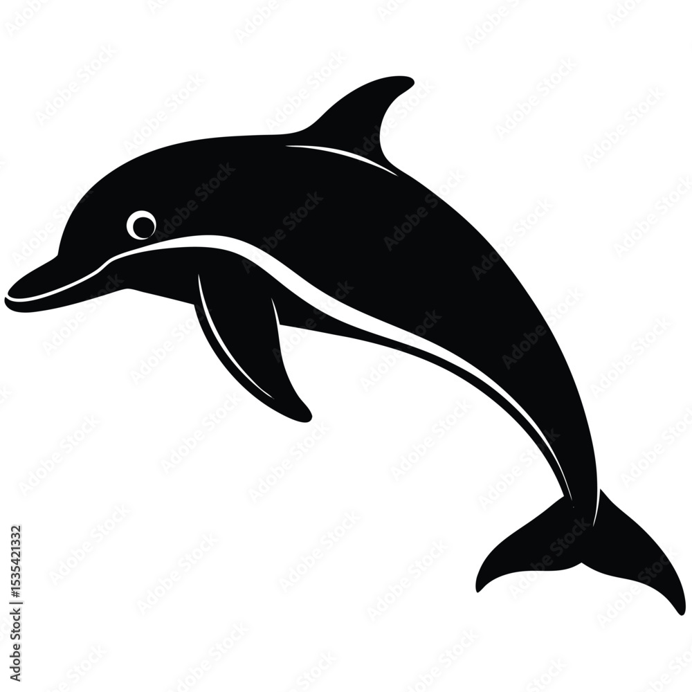 Fototapeta premium Black and white silhouette of a playful dolphin on a clean white background