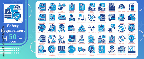 Glyph dual tone blue color fill icon set illustrating workplace safety, hazard prevention, emergency protocols, and health protection measures in industrial, medical, or construction environments