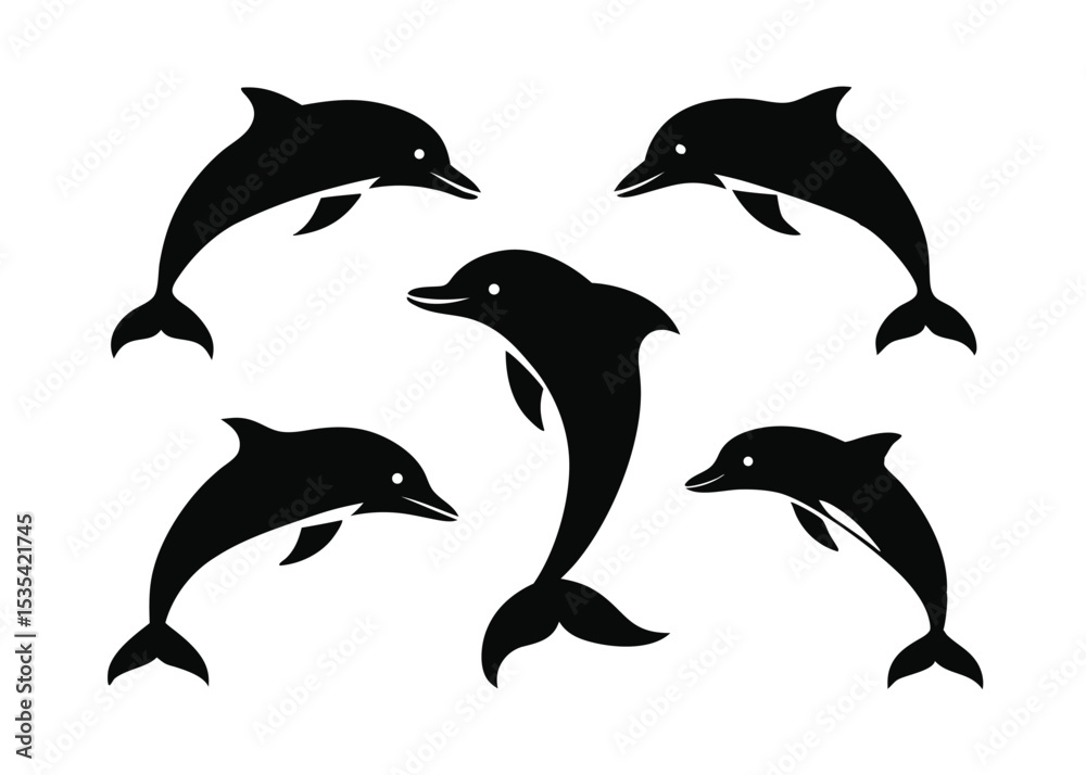 Fototapeta premium Black silhouettes of swimming dolphins arranged in a circular composition with a white background