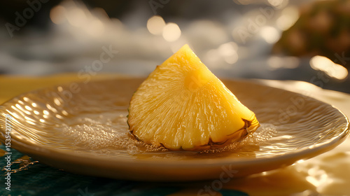 Juicy pineapple slice on a textured plate, bathed in warm golden light.  Perfect for tropical food, drink, or travel themes.