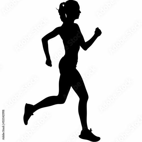 Silhouette of a woman running with ponytail and athletic shoes in a full body side view on a white background created with generated ai