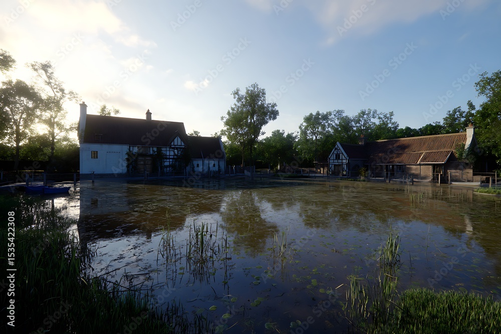 Fototapeta premium Reflection pond at historic rural buildings