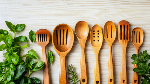 Flat lay of bamboo cooking utensils and fresh herbs on a light wooden background.  Perfect for culinary, cooking, or kitchen-themed projects.