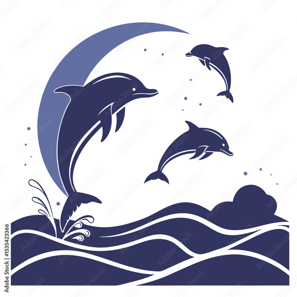 Naklejka premium Playful dolphins jumping in the ocean with a moon silhouette graphic design