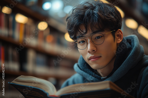 Young man deeply engrossed in reading a book in a library.
