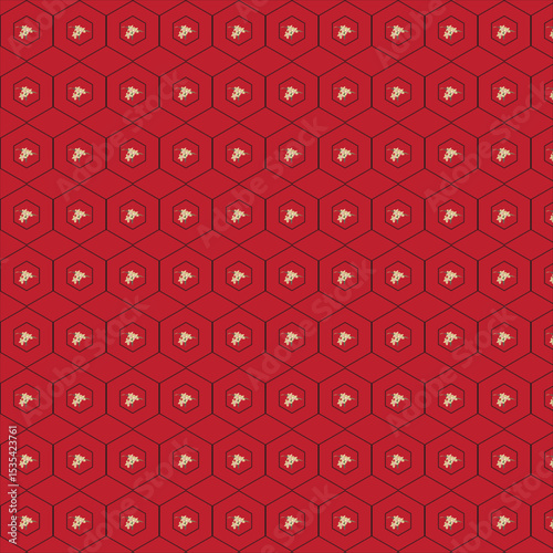 Repeating red background pattern featuring honeycomb structure and golden floral motifs
