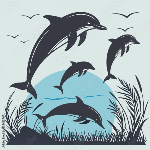 Silhouette illustration of dolphins swimming and jumping in the ocean with plants and birds