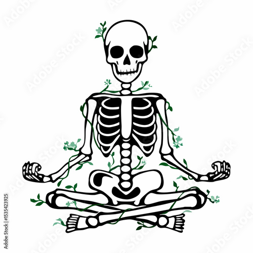 Skeleton in Lotus Position with VinesVector