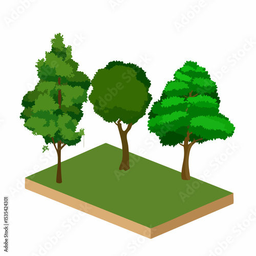 Isometric Illustration of Three Trees on Grass PatchVector