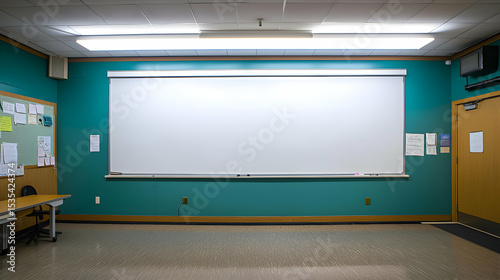 Empty teal classroom with large whiteboard, desk, and notice board. Perfect for education, presentation, or training concepts.