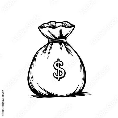 Money bag line art on white background – finance illustration, copyspace