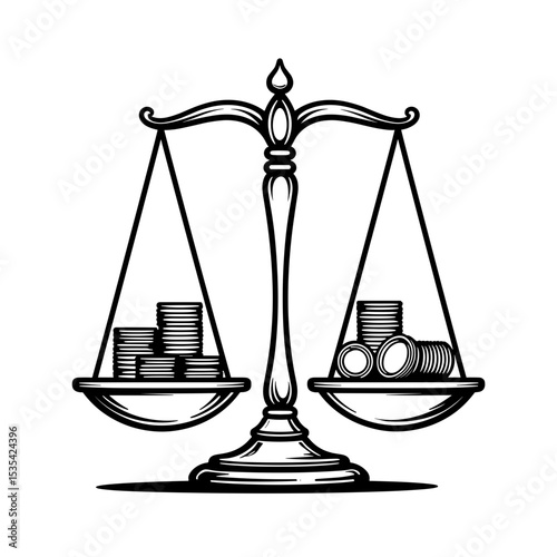 Balance scale with coins and bills line art, financial equality illustration