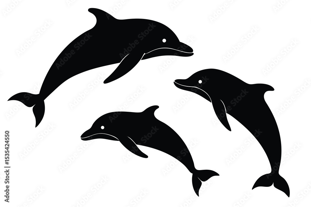 Fototapeta premium Silhouetted dolphins in black and white representing marine life and themed designs