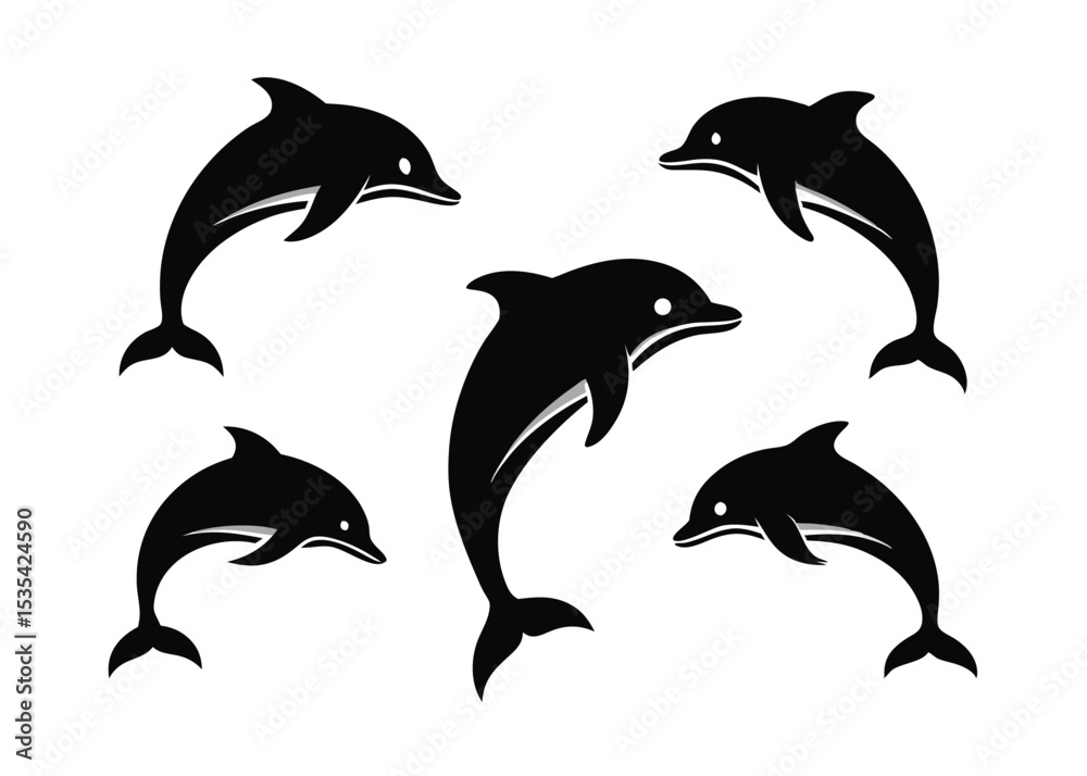 Fototapeta Silhouetted dolphins in various poses against white background ideal for design and decoration