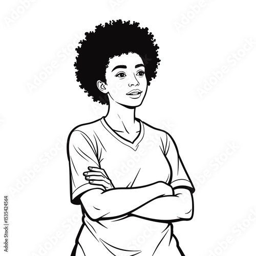 Confident woman line art with afro hairstyle on white background, empowerment theme