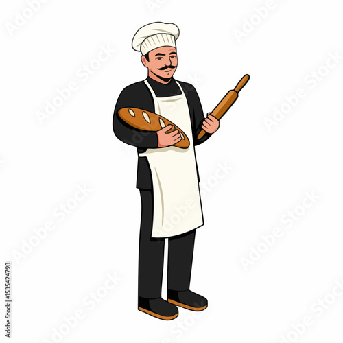 Baker with Bread and Rolling PinVector