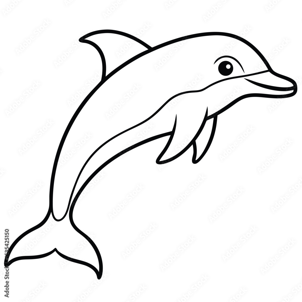 Fototapeta premium Smiling dolphin outline illustration in black and white for coloring and educational purposes