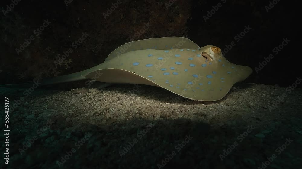 Blue-spotted stingray resting under a reef ledge, captured from a side angle. Close-up view in the Red Sea. Check my portfolio for more stingray footage.