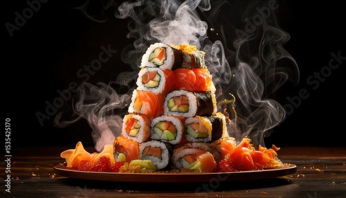 Luxurious sushi tower with smoke effect, showcasing vibrant colors and intricate presentation, perfect for high end dining experiences