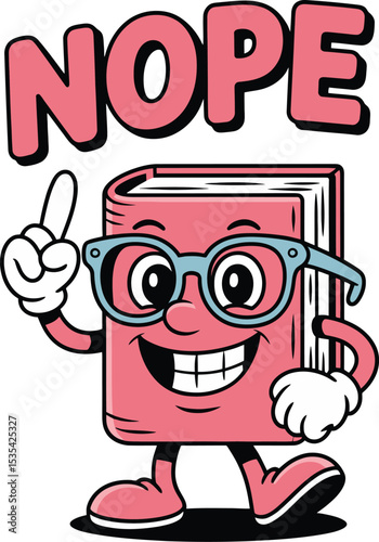 Funny Book Character Nope Saying No Retro Cartoon Illustration red cute pink icon text word happy   