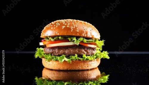 Delicious gourmet burger with sesame seed bun, fresh lettuce, tomato, and onion, presented on mirrored base for elegant look