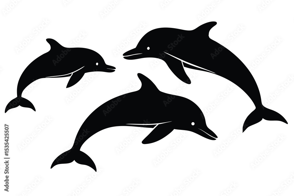 Fototapeta premium Three black dolphin silhouettes swimming on a white background in a simple illustration