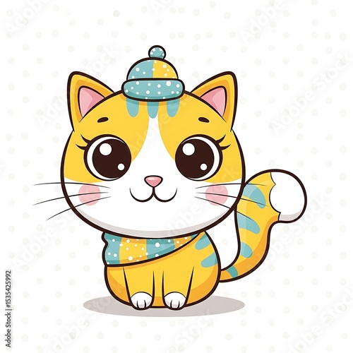 Adorable cartoon cat wearing hat and scarf with polka dots in playful illustration