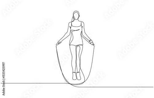 Single continuous line drawing young sportive woman train jumping with skipping rope in sport, Young sportive woman train jumping with skipping rope continuous one line drawing. Editable outline.