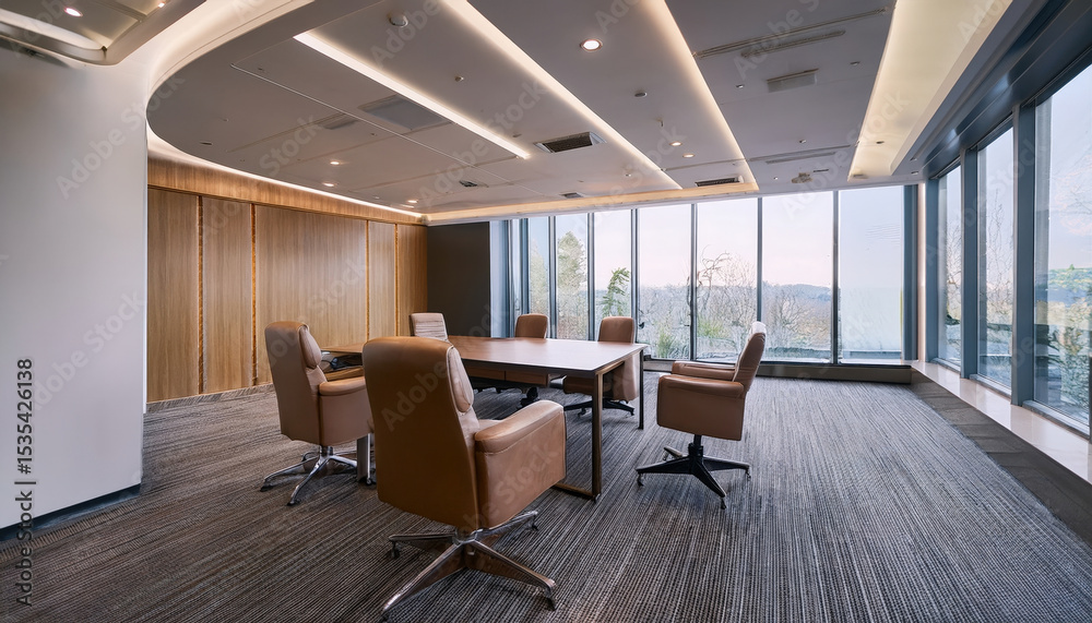 Fototapeta premium Modern conference room featuring large table surrounded by leather chairs, with large windows offering scenic view. neutral color palette creates